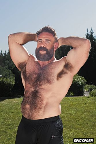 solo very hairy gay muscular old man with a big dick showing full body and perfect face beard showing hairy armpits football coach chubby body