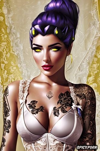 tattoos masterpiece, ultra detailed, widowmaker overwatch beautiful face young sexy low cut soft yellow lace lingerie