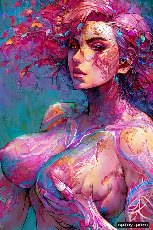 nude, vibrant, strong warrior princess, saggy breasts, carne griffiths