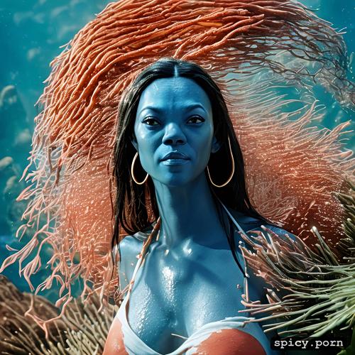 gorgeous symmetrical face, visible nipple, 8k, realistic, zoe saldana as blue alien from the movie avatar zoe saldana swimming underwater near a coral reef wearing tribal top and thong