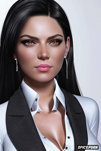 ultra detailed portrait, ultra realistic, kate lockwell starcraft pale skin long soft black hair female president of the united states black blazer white shirt shirt unbuttoned beautiful face full lips milf