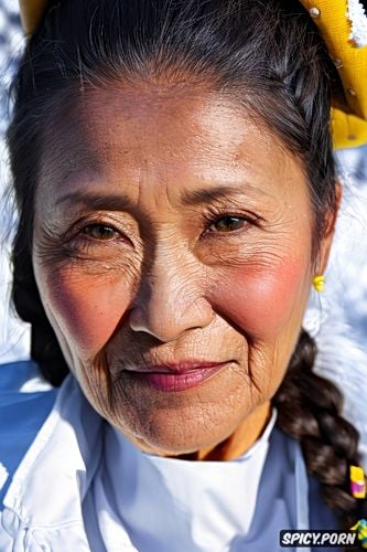 pov, background oregon trail in snowy winter, closeup, face photo 90 year old mongolian woman with round facial features and high cheekbones and a french braid hairstyle