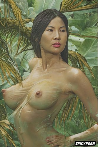 small delicate breasts, tropical rainforest, old grandmother