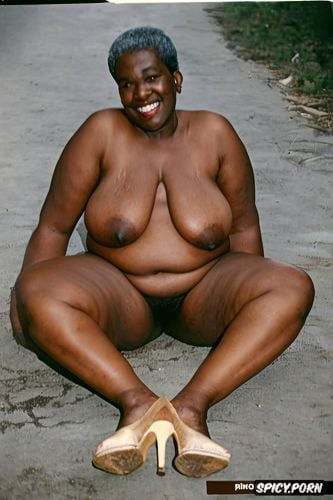african elderly granny, feet apart, white high heels, obese