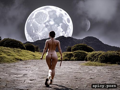 glowing moon, small breasts, walking in mists, 1girl, 18yo, centered