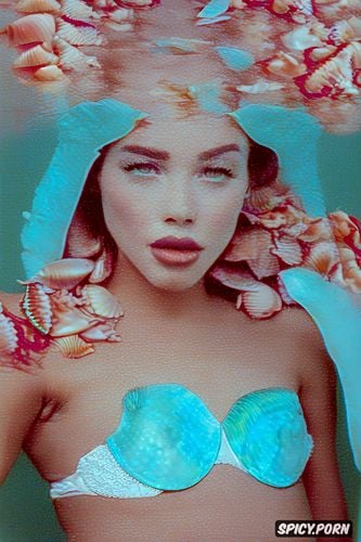 1girl, turquoise ocean water, symmetrical eyes, shell bra, mermaid tailfin