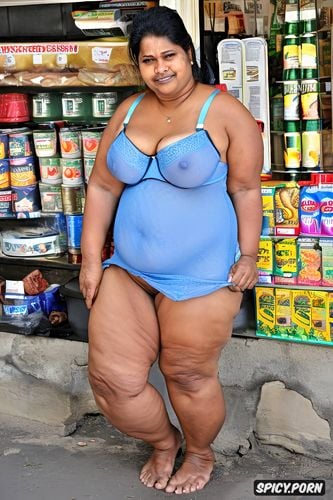 naked fat short woman standing at indian market place, hispanic granny