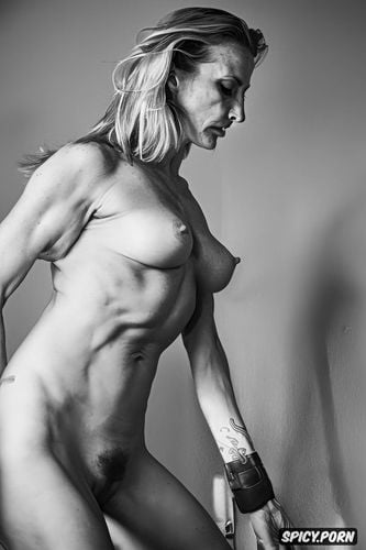 thigh gap, muscular body, no makeup, saggy tits, wrinkled aged empty tits veins visible
