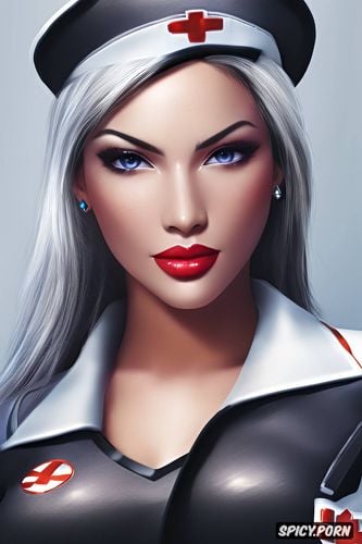 ashe overwatch female nurse black nurse scrubs white undershirt scrub top opened beautiful face full lips young