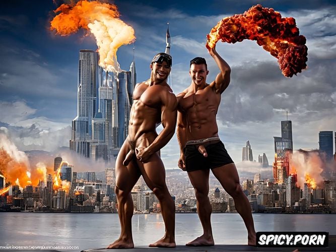 two giant huge nude naked undressed gay bodybuilder hunks, their heads touch in the clouds