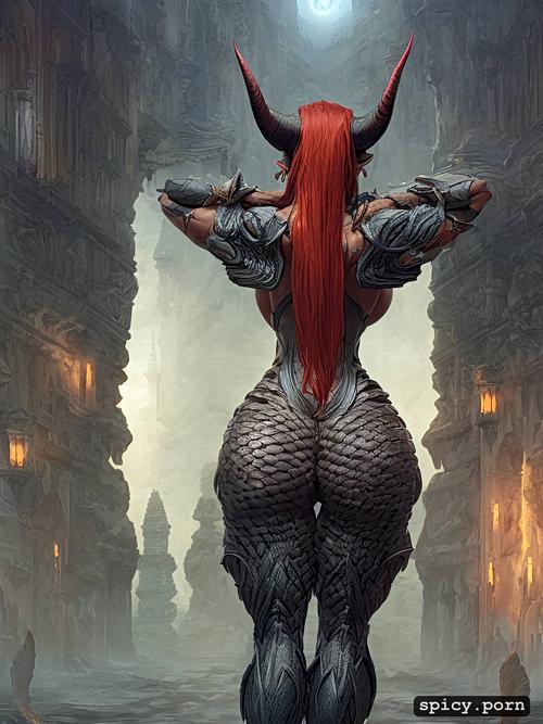 demon woman, sexy armor, purple eyes, tail, detailed, symmetrical arms
