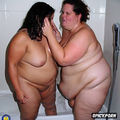 each with fat pubic areas, each with wet feet, kissing each other while showering