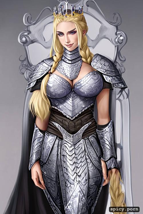 ultra realistic, tiara, pale skin, confident smirk, female knight