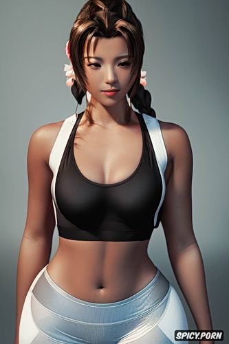 k shot on canon dslr, ultra detailed, masterpiece, aerith gainsborough final fantasy vii rebirth asian skin tone tight black sports bra black yoga pants beautiful face portrait