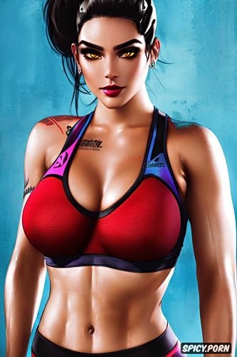 k shot on canon dslr, ultra detailed, masterpiece, widowmaker overwatch beautiful face turquoise push up sports bra dark red yoga pants portrait