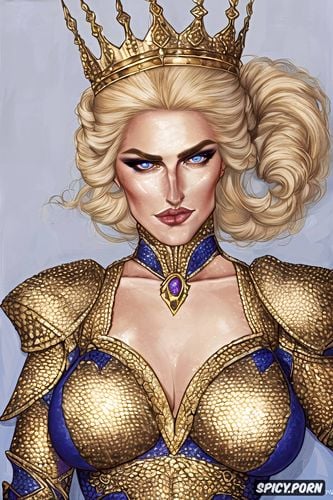 queen anora dragon age origins beautiful face pale skin blue eyes golden blonde hair in an elegant double bun young upper body shot