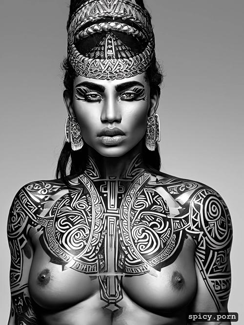 maori teen, intricate eyes, face tattoo, nice body, sketch, very detailed portrait