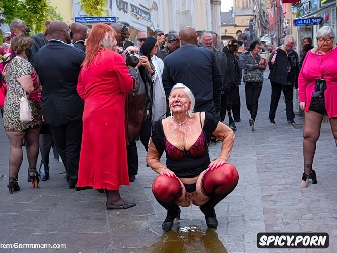 piss on the floor, begging in a street full of shops, granny woman german