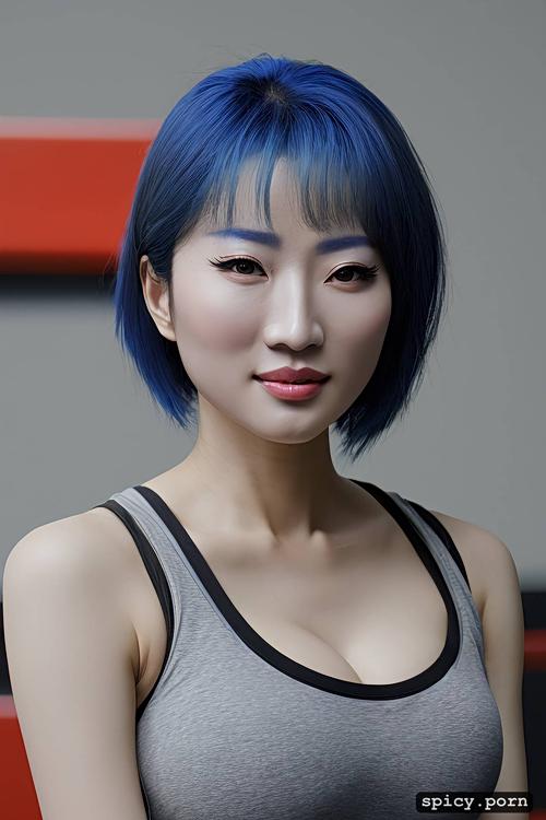 chinese woman, gorgeous face, in gym, skinny body, vibrant, pixie hair