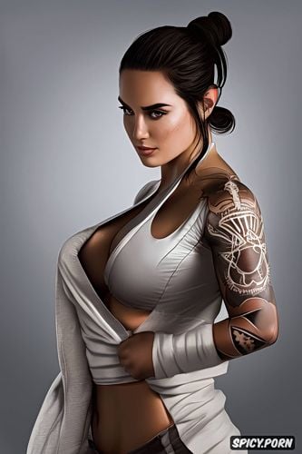 abs, ultra realistic, rey star wars tight low cut white scavenger robes tattoos beautiful face portrait muscles