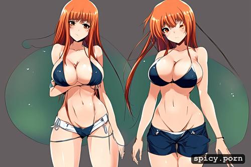 bikini top, white, dildo in hand, huge breasts, orange long hair