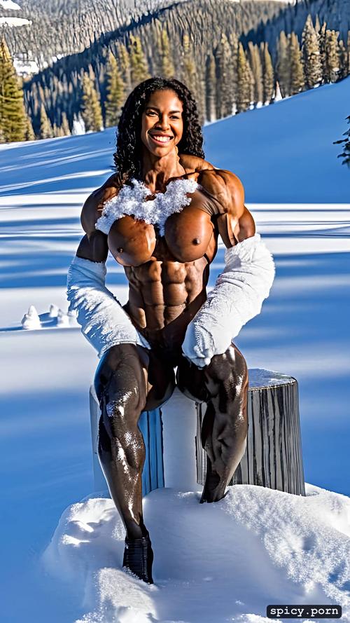 massive abs, nude, ultra detailed, extreme muscular ebony woman sitting in withe snow