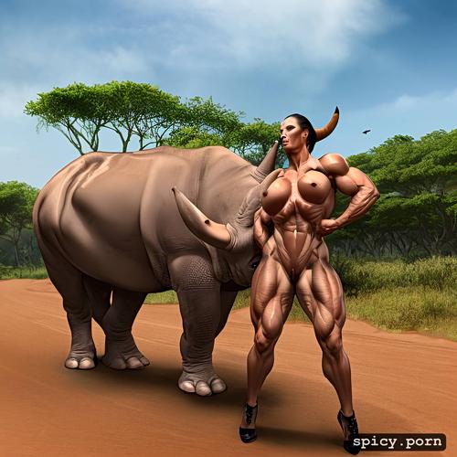 amazon, agony, realistic, nude muscle woman vs rhino, strength effort
