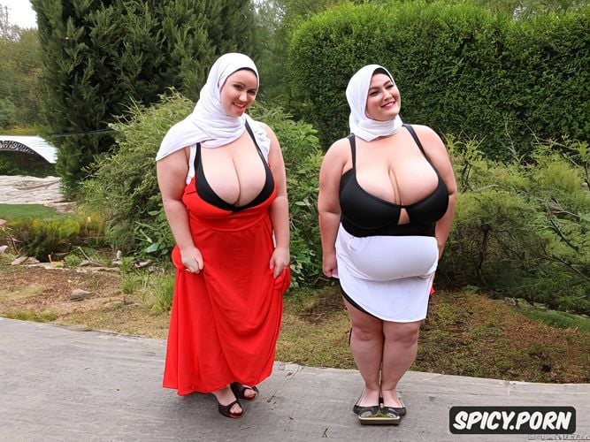 fat body, sweating, big body, fully clothed, two fat white caucasian women with hijab