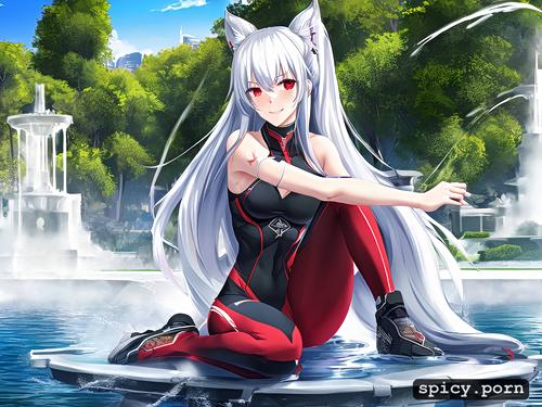 cat woman, athletic, wet skin, silver hair, sitting at a fountain