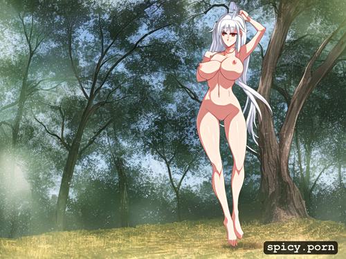 nude, smiling face, 18 years, white hair, full body, sword, white woman