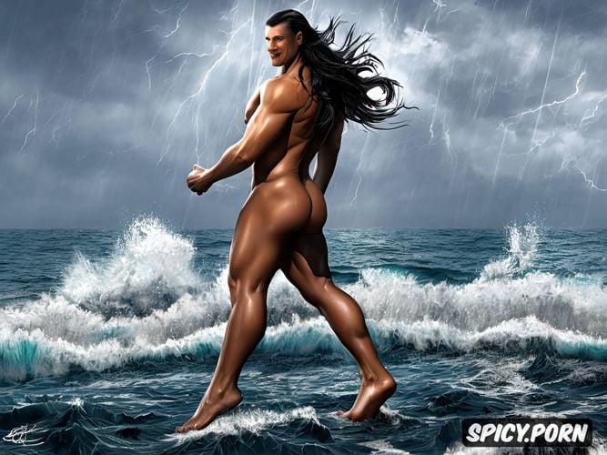 rain, spread legs, storm, very muscular, superdetailled very tall witch nude naked