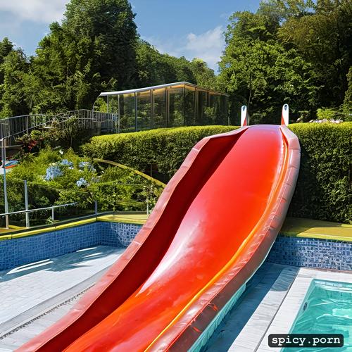ultra detailed, high resolution, water park, nude, 19, on a slide