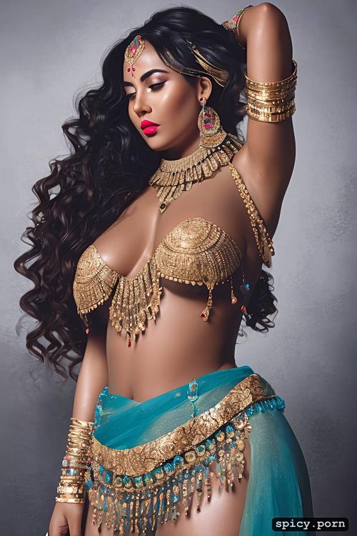 body covered with gold jewellery, black hair, wide curvy hip