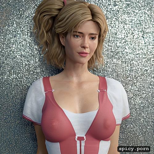 photorealistic, linda hamilton has dirty blonde hair, linda hamilton is wearing a pink waitress uniform with white crossed collar and white short sleeves