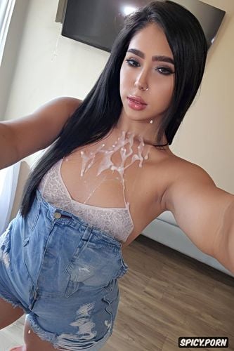 cum dripping on face, jean shorts, real amateur selfie, facial selfie