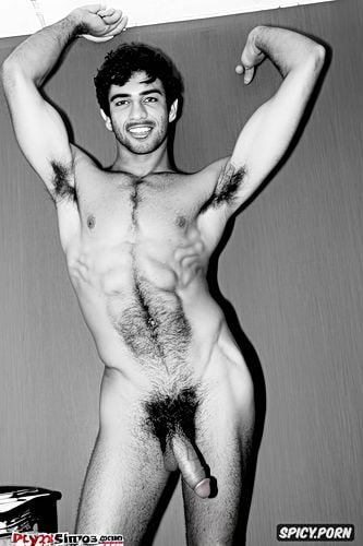 showing hairy armpits, hairy body, arab men, short hair, two men naked with erect penis