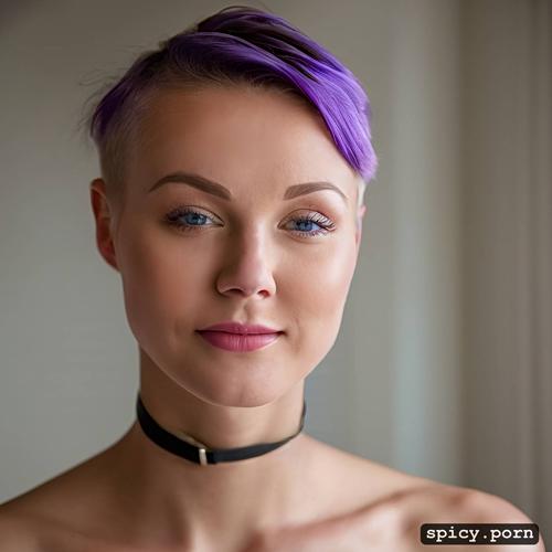 18 years old, scandinavian lady, ahego face, purple hair, makeup