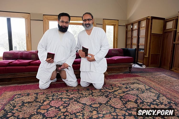 holding a book, kneeling, two old muslim imams, hard veiny erected penis