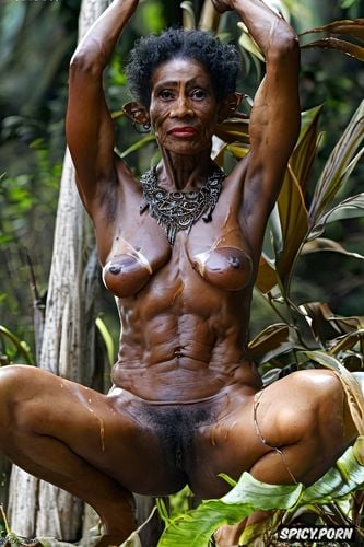 realistic pussy, long saggy empty breasts, partialy nude, squatting in a jungle with legs apart