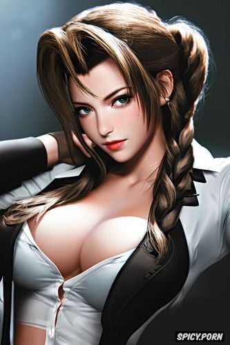 ultra detailed, ultra realistic, k shot on canon dslr, aerith gainsborough final fantasy vii rebirth black blazer white shirt shirt unbuttoned soft lights beautiful face portrait