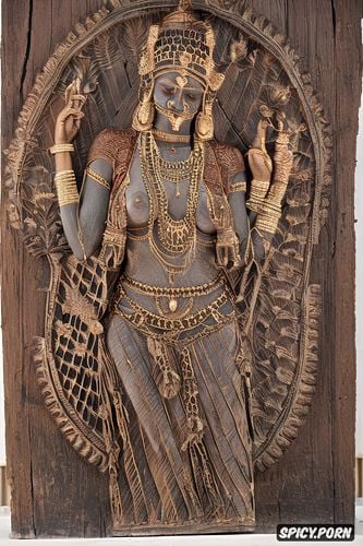 full body in frame, wood carving, indian godess wood carved relief