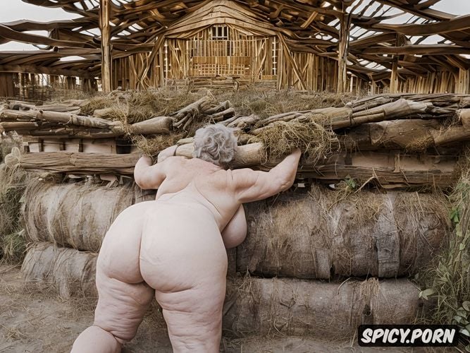 giant ass naked obese years, ssbbw granny, naked face of old slut face sideways moaning mouth open monster butt huge ass upturned alone ass rolled up thick legs fullshot bent over standing in a barn photo realistic