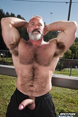 solo very hairy gay muscular old man with a big dick showing full body and perfect face beard showing hairy armpits football coach chubby body