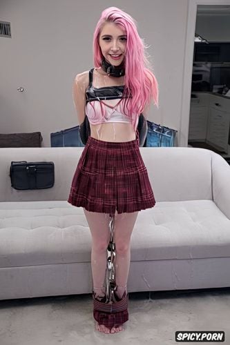 extremely petite, pink hair, joyful face, tied up, couch, pov