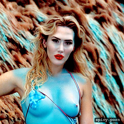 gorgeous symetrical face, visible nipple, 8k, realistic, kate winslet as blue alien from the movie avatar kate winslet swimming underwater near a coral reef wearing tribal top and thong