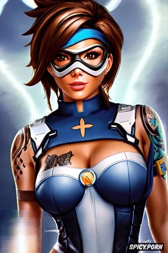ultra detailed, ultra realistic, k shot on canon dslr, tracer overwatch beautiful face young slutty nun costume tattoos
