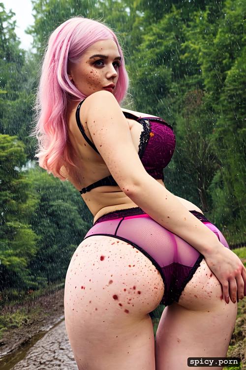 pov, mud, pink lace panties, looking back, thick thighs, pale skin