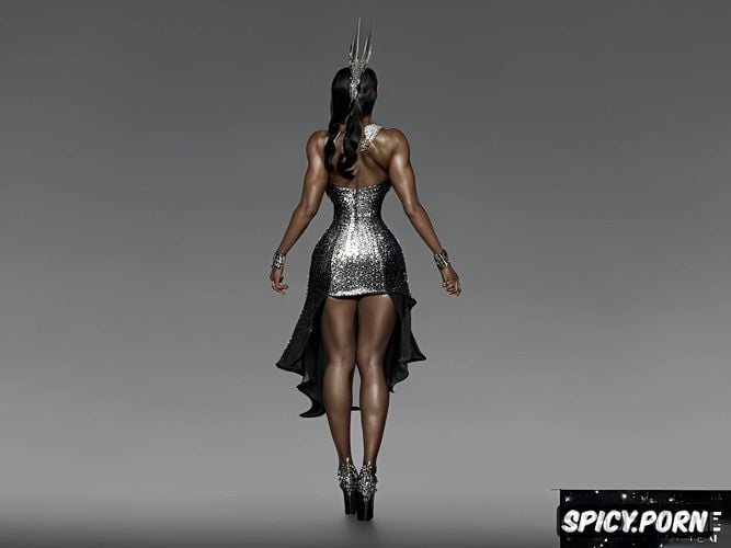long legs, standing, black woman, thighs exposed, muscular, shimmering platform pumps