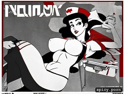 pin up drawing, small cute boobs, 1940s cartoon style, pinup propaganda poster art of a seductive soviet nurse