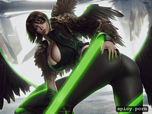 big boobs, 20 yo, short brown hair, black feathered wings, green miniskirt